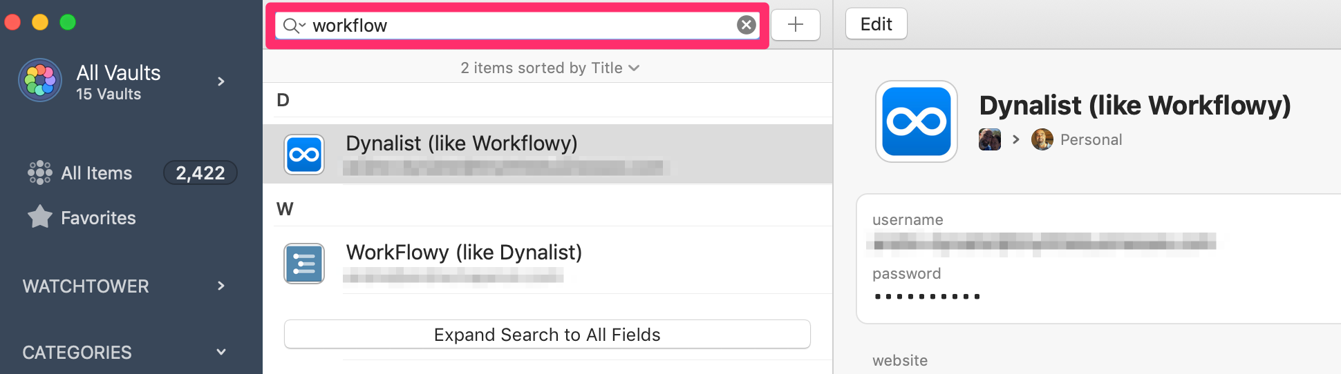 André's 1Password search and retrieve workflow